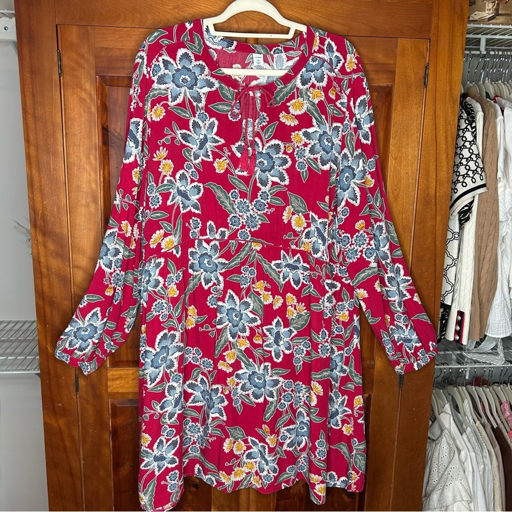 Old Navy Red Floral Long Sleeve Cottagecore Farmhouse Peasant Dress Babydoll
